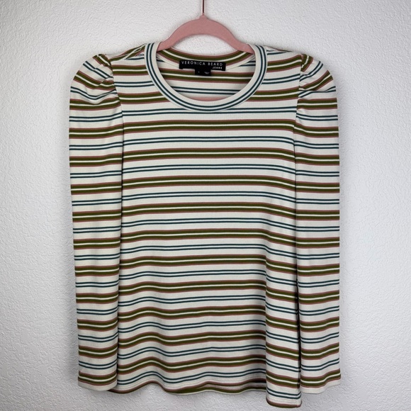Veronica Beard Britney Stripe Long Puff Sleeve Stretch Cotton Top In White Small - Picture 2 of 6